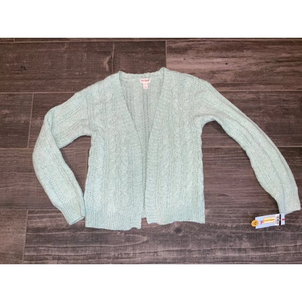 Cat & Jack Girls Open Front Sweater Cardigan Mint Green Soft Knit 10-12